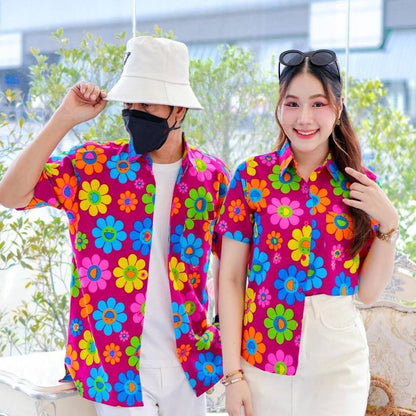 PINK036เสื้อเชิ้ตลายยิ้ม  ผ้าคอตตอน100% สีไม่ตก ผ้าไม่หด ลายคมชัด มีไซส์หญิงชาย งานป้ายKTIERออกแบบเอง*1ตัว*