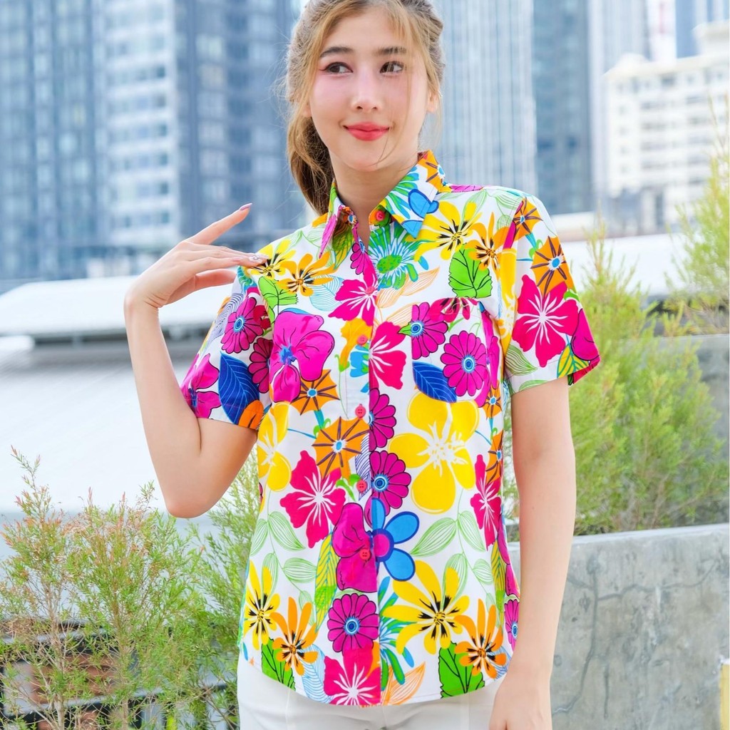 PINKรวมเสื้อเชิ้ตลายดอก2025 เสื้อสงกรานต์ลายดอก ผ้าคอตตอน100% สีไม่ตก ผ้าไม่หด