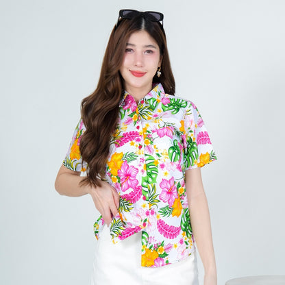 PINK028เสื้อเชิ้ตลายดอก ผ้าคอตตอน100% สีไม่ตก ผ้าไม่หดทลายคมชัด มีไซส์หญิงชาย34-56นิ้ว งานป้ายKTIER**1ตัว