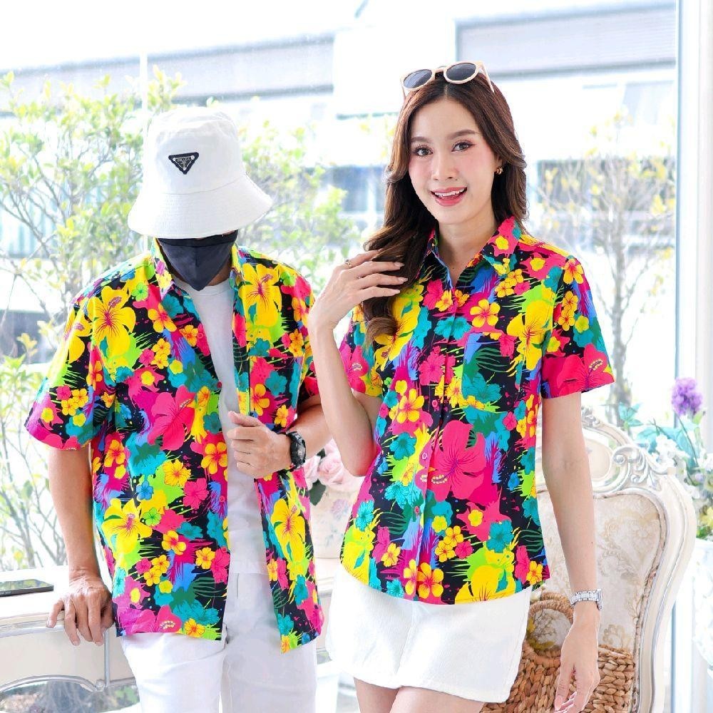 039เสื้อเชิ้ตลายดอก ผ้าคอตตอน100% สีไม่ตก ผ้าไม่หด ลายคมชัด มีไซส์หญิงชาย งานป้ายKTIERออกแบบเอง*1ตัว*