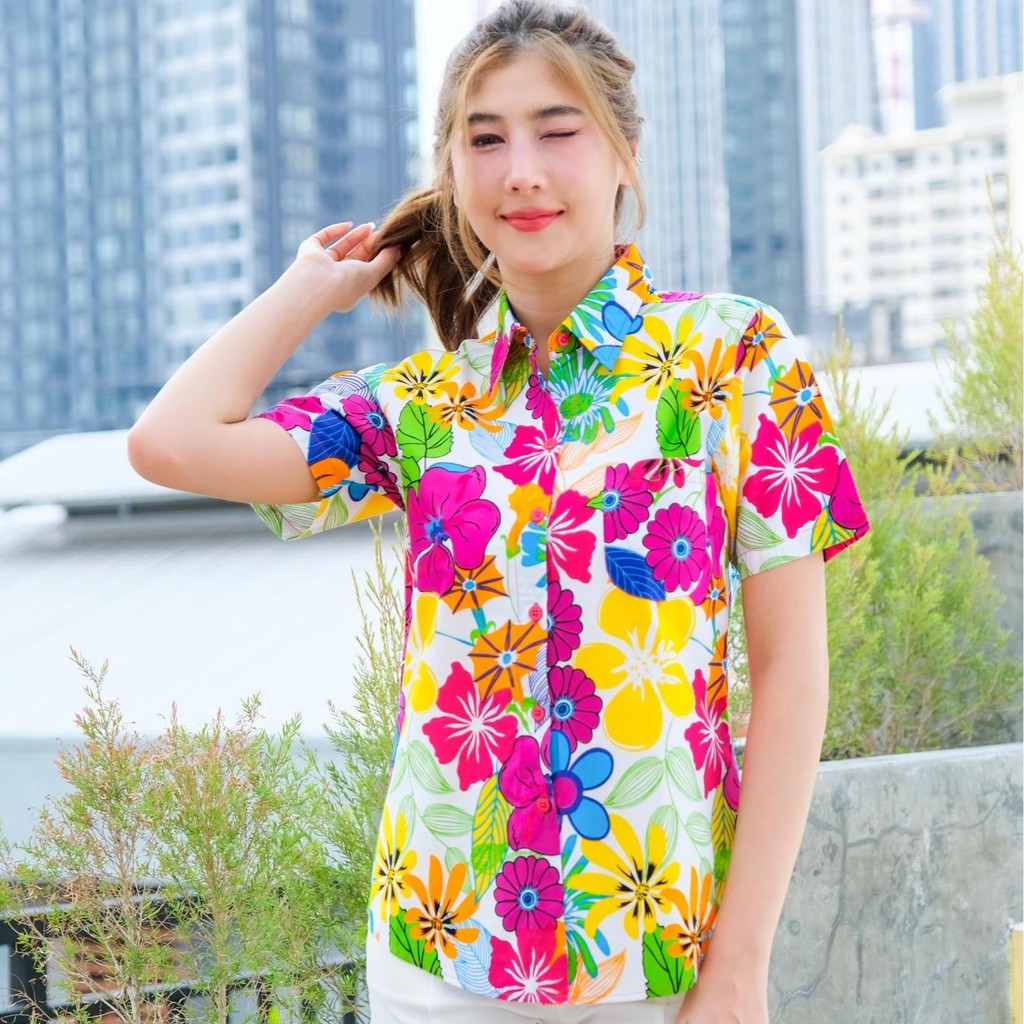 PINKรวมเสื้อเชิ้ตลายดอก2025 เสื้อสงกรานต์ลายดอก ผ้าคอตตอน100% สีไม่ตก ผ้าไม่หด