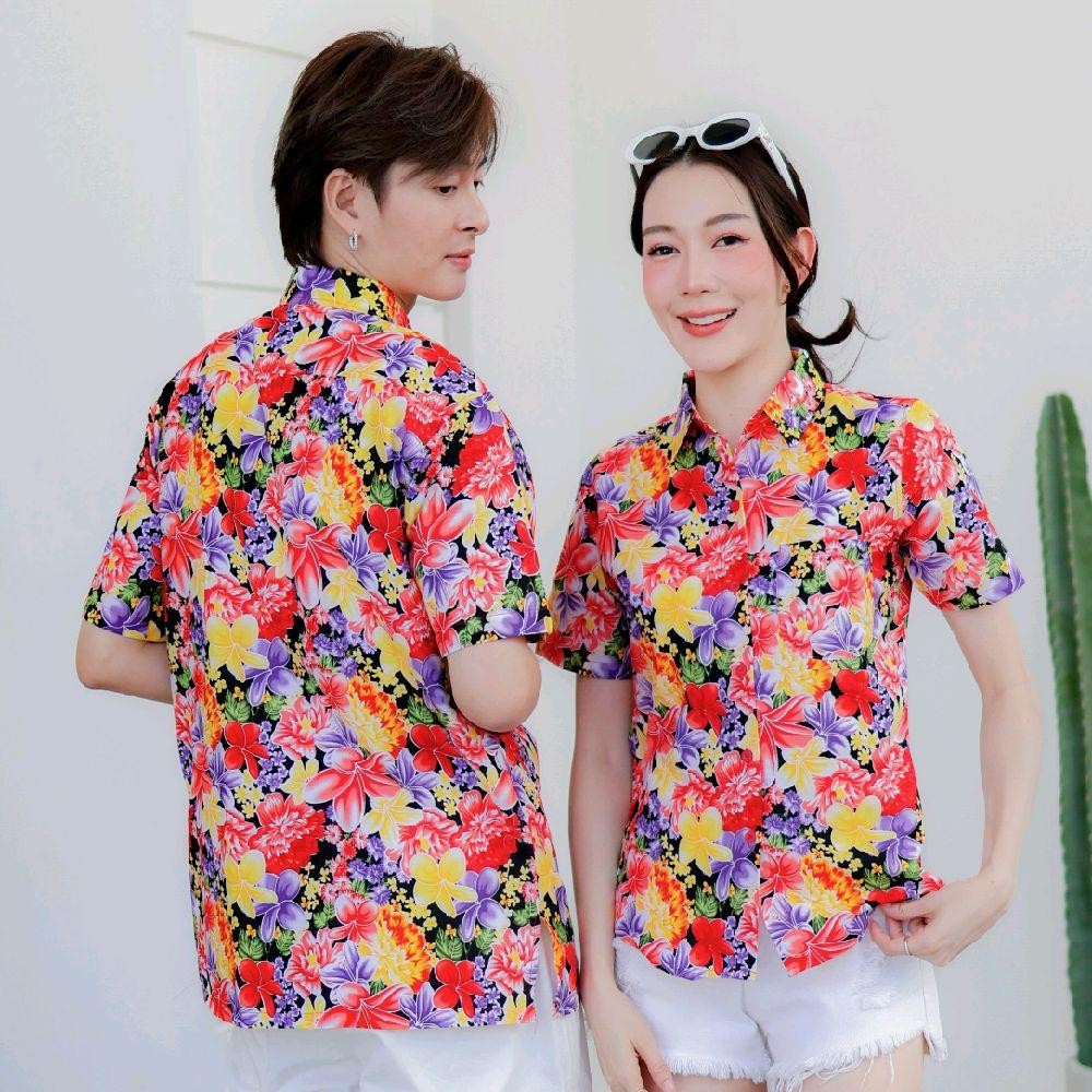 PINK014เสื้อเชิ้ตลายดอก ผ้าคอตตอน100% สีไม่ตก ผ้าไม่หด ลายคมชัด มีไซส์หญิงชาย งานป้ายKTIERออกแบบเอง*1ตัว*