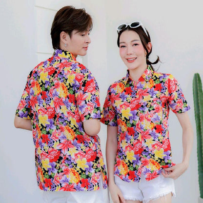 PINK014เสื้อเชิ้ตลายดอก ผ้าคอตตอน100% สีไม่ตก ผ้าไม่หด ลายคมชัด มีไซส์หญิงชาย งานป้ายKTIERออกแบบเอง*1ตัว*