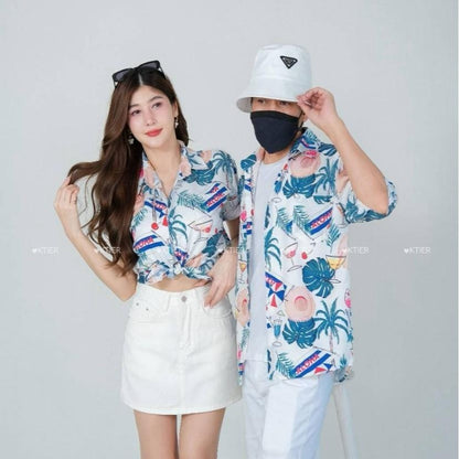 PINKเสื้อฮาวายไซส์ครบทีม มีไซส์เด็ก-ไซส์ผู้ใหญ่ ผ้าโพลีเอสเตอร์ ใส่สบาย 8883