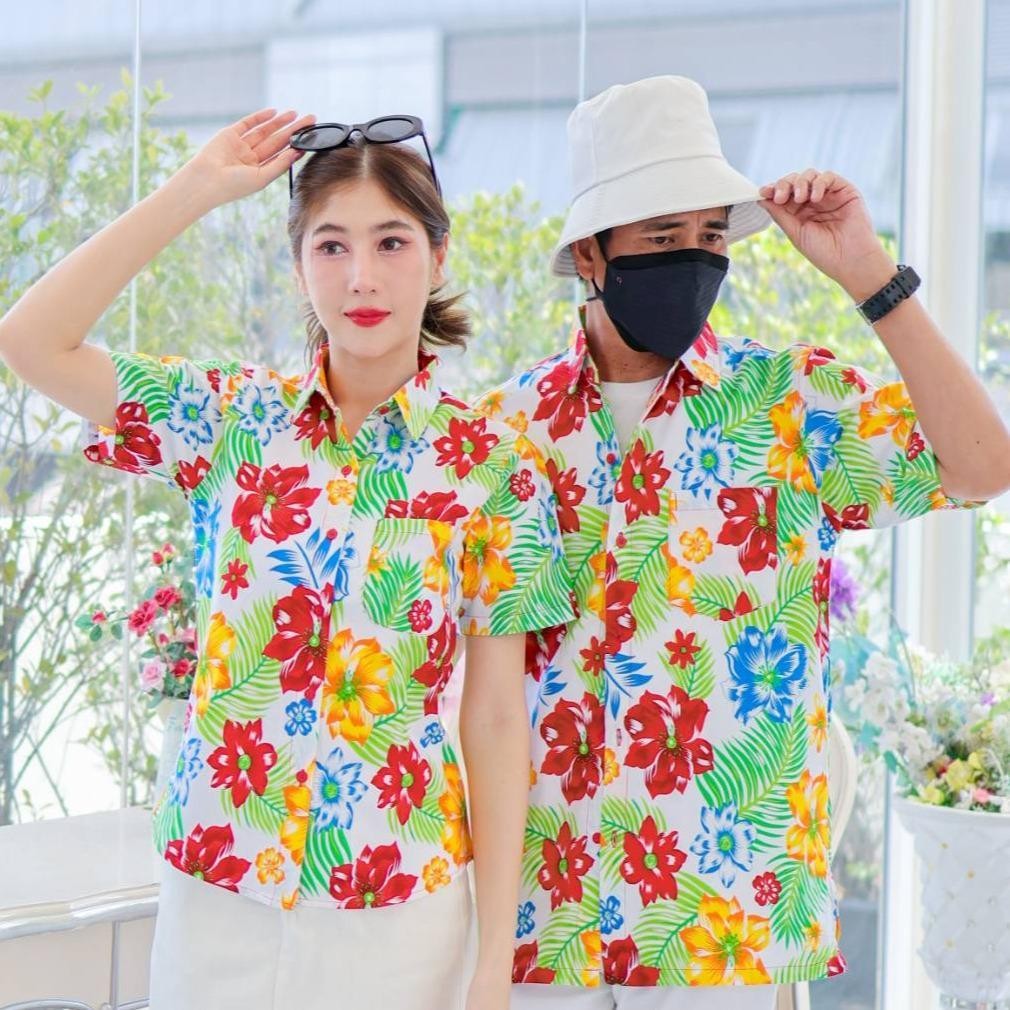 PINK017 เสื้อเชิ้ตลายดอก ผ้าคอตตอน100% สีไม่ตก ผ้าไม่หด ลายคมชัด มีไซส์หญิงชาย S-5XL  งาน   ป้ายKTIER*1ตัว*