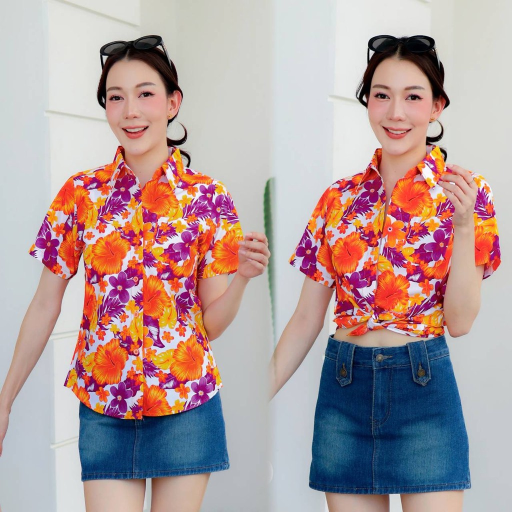 PINKรวมเสื้อเชิ้ตลายดอก2025 เสื้อสงกรานต์ลายดอก ผ้าคอตตอน100% สีไม่ตก ผ้าไม่หด