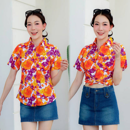 PINKรวมเสื้อเชิ้ตลายดอก2025 เสื้อสงกรานต์ลายดอก ผ้าคอตตอน100% สีไม่ตก ผ้าไม่หด