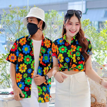 PINK036เสื้อเชิ้ตลายยิ้ม  ผ้าคอตตอน100% สีไม่ตก ผ้าไม่หด ลายคมชัด มีไซส์หญิงชาย งานป้ายKTIERออกแบบเอง*1ตัว*