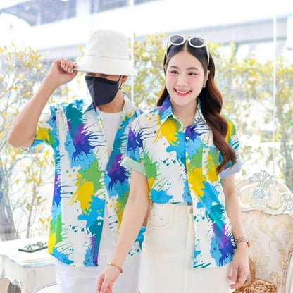 PINK3138 เสื้อฮาวายลายใหม่2025 สาดสี ทรงวัยรุ่น หญิงชายใส่ได้ ผ้าโพลีพรีเมี่ยม ไซส์38-56นิ้ว **1ตัว*