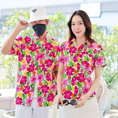 PINK023เสื้อเชิ้ตลายดอก ผ้าคอตตอน100% สีไม่ตก ผ้าไม่หดทลายคมชัด มีไซส์หญิงชาย34-56นิ้ว งานป้ายKTIER**1ตัว