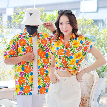 PINK023เสื้อเชิ้ตลายดอก ผ้าคอตตอน100% สีไม่ตก ผ้าไม่หดทลายคมชัด มีไซส์หญิงชาย34-56นิ้ว งานป้ายKTIER**1ตัว