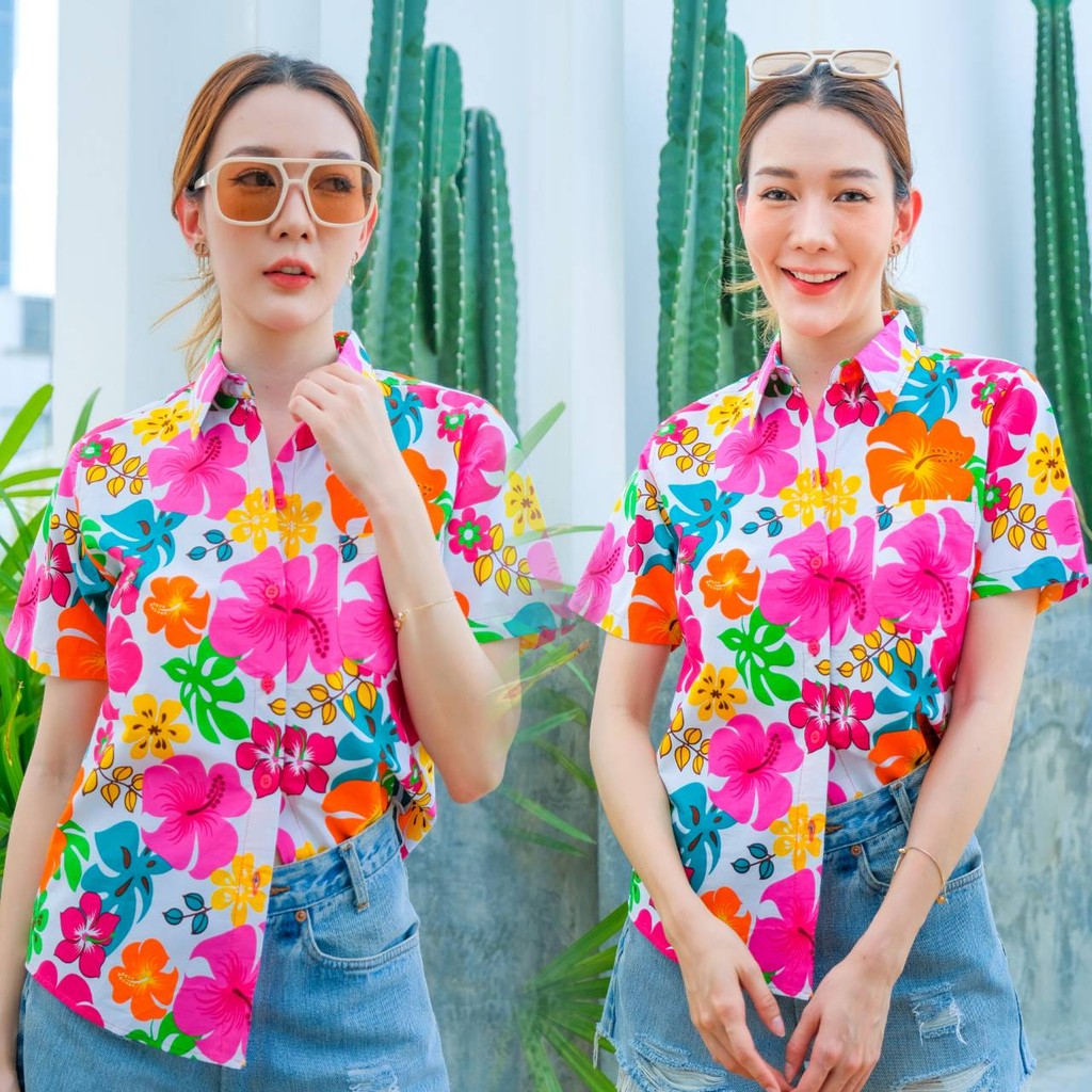 PINKรวมเสื้อเชิ้ตลายดอก2025 เสื้อสงกรานต์ลายดอก ผ้าคอตตอน100% สีไม่ตก ผ้าไม่หด