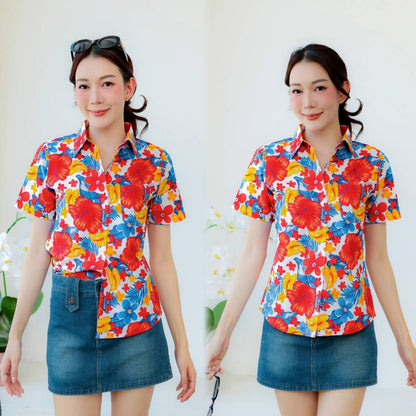 PINKรวมเสื้อเชิ้ตลายดอก2025 เสื้อสงกรานต์ลายดอก ผ้าคอตตอน100% สีไม่ตก ผ้าไม่หด