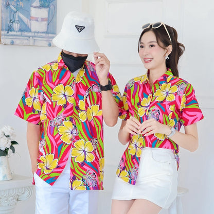 PINK031เสื้อเชิ้ตลายดอก ผ้าคอตตอน100% สีไม่ตก ผ้าไม่หดทลายคมชัด มีไซส์หญิงชาย34-56นิ้ว งานป้ายKTIER**1ตัว