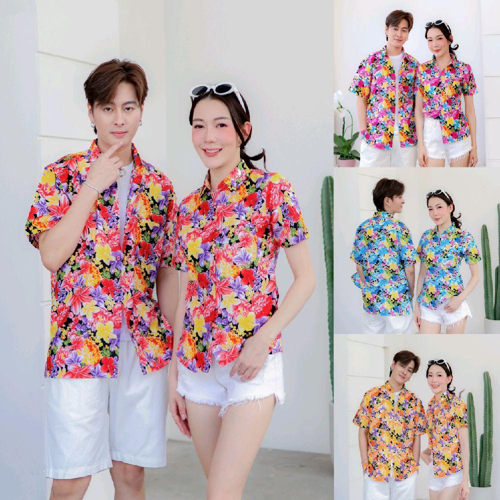 PINK014เสื้อเชิ้ตลายดอก ผ้าคอตตอน100% สีไม่ตก ผ้าไม่หด ลายคมชัด มีไซส์หญิงชาย งานป้ายKTIERออกแบบเอง*1ตัว*