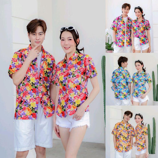 PINK014เสื้อเชิ้ตลายดอก ผ้าคอตตอน100% สีไม่ตก ผ้าไม่หด ลายคมชัด มีไซส์หญิงชาย งานป้ายKTIERออกแบบเอง*1ตัว*