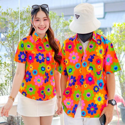PINK036เสื้อเชิ้ตลายยิ้ม  ผ้าคอตตอน100% สีไม่ตก ผ้าไม่หด ลายคมชัด มีไซส์หญิงชาย งานป้ายKTIERออกแบบเอง*1ตัว*