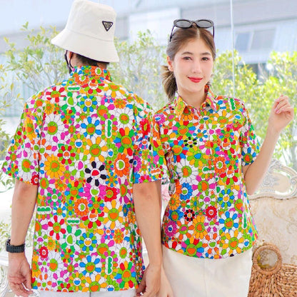 PINK034เสื้อเชิ้ตลายยิ้ม ผ้าคอตตอน100% สีไม่ตก ผ้าไม่หด ลายคมชัด มีไซส์หญิงชาย งานป้ายKTIERออกแบบเอง*1ตัว*