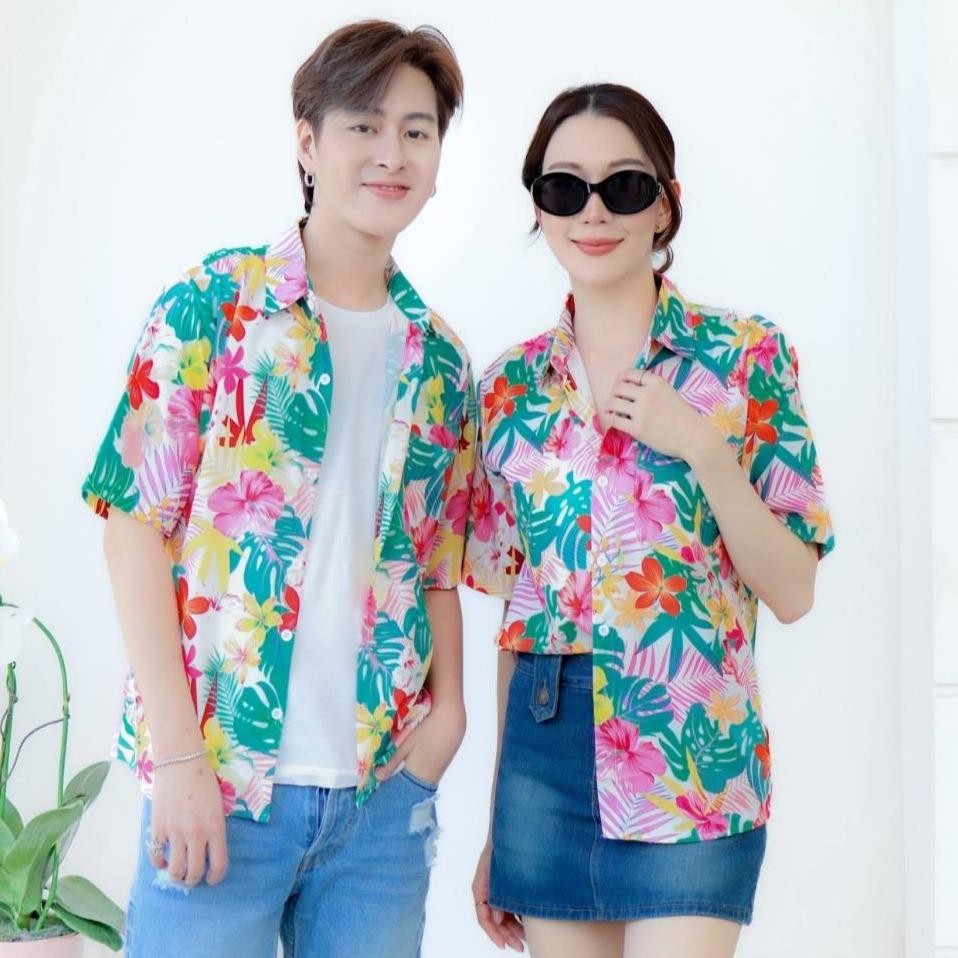 PINK3119เสื้อฮาวายลายดอก ไซส์เด็ก-ผู้ใหญ่8XL ครบทีม ผ้าโพลีพลีเมี่ยม ทรงวัยรุ่น หญิงชายใส่ได้ ลายคมชัด **1ตัว**