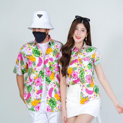 PINK028เสื้อเชิ้ตลายดอก ผ้าคอตตอน100% สีไม่ตก ผ้าไม่หดทลายคมชัด มีไซส์หญิงชาย34-56นิ้ว งานป้ายKTIER**1ตัว