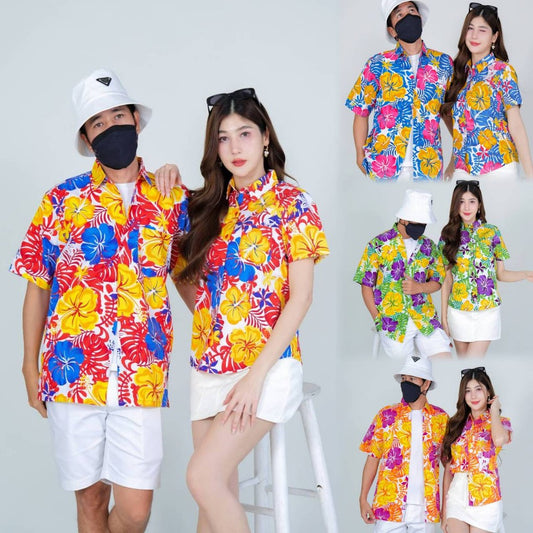 PINK030เสื้อเชิ้ตลายดอก ผ้าคอตตอน100% สีไม่ตก ผ้าไม่หดทลายคมชัด มีไซส์หญิงชาย34-56นิ้ว งานป้ายKTIER**1ตัว
