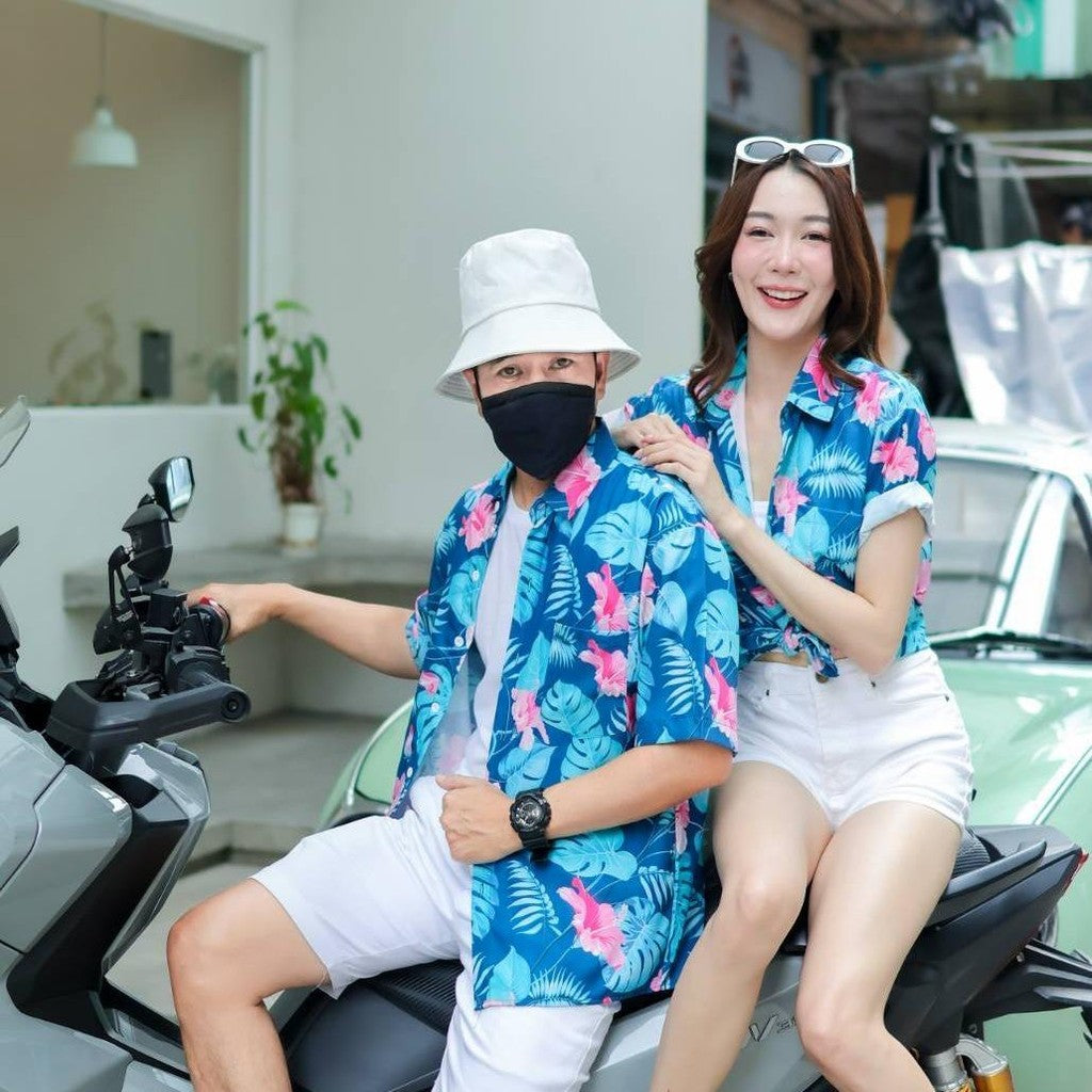 PINK3129 เสื้อฮาวายลายใหม่2025  ทรงวัยรุ่น หญิงชายใส่ได้ ผ้าโพลีพรีเมี่ยม ไซส์S-8XL งานปัาย ลายคมชัด  **1ตัว**