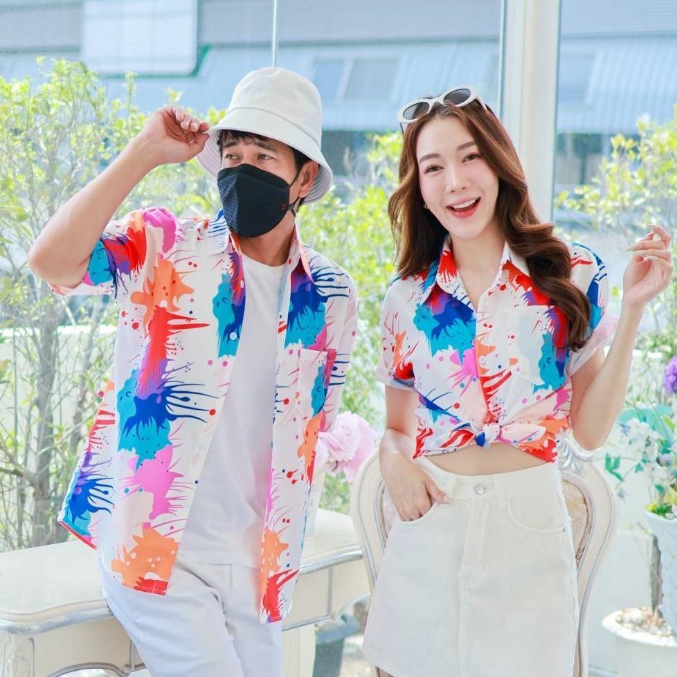 PINK3138 เสื้อฮาวายลายใหม่2025 สาดสี ทรงวัยรุ่น หญิงชายใส่ได้ ผ้าโพลีพรีเมี่ยม ไซส์38-56นิ้ว **1ตัว*