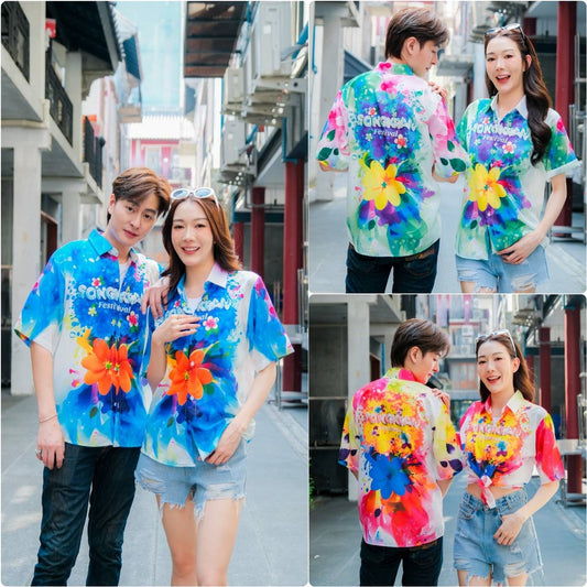 P017 เสื้อฮาวายลายใหม่2025 สาดสีSongkran ทรงวัยรุ่น หญิงชายใส่ได้ ผ้าโพลีพรีเมี่ยม ไซส์38-56นิ้ว งานปัาย ลายคมชัด  *1ตัว