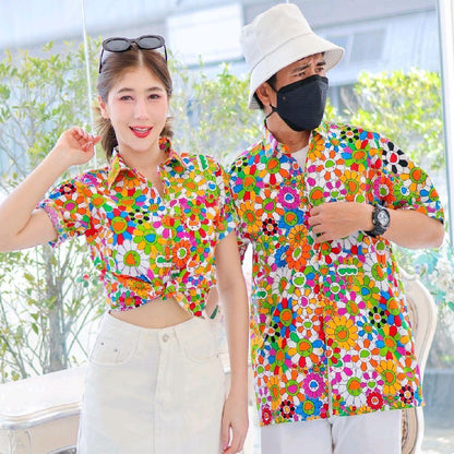 PINK034เสื้อเชิ้ตลายยิ้ม ผ้าคอตตอน100% สีไม่ตก ผ้าไม่หด ลายคมชัด มีไซส์หญิงชาย งานป้ายKTIERออกแบบเอง*1ตัว*