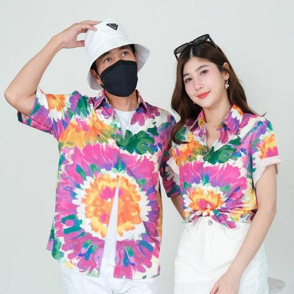 PINK3135เสื้อฮาวายลายมัดย้อม สีสันสดใส ไซส์S-8XL ผ้าโพลีพลีเมี่ยม ทรงวัยรุ่น หญิงชายใส่ได้ ลายคมชัด **1ตัว**