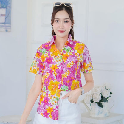 Pink019เสื้อเชิ้ตลายดอก ผ้าคอตตอน100% สีไม่ตก ผ้าไม่หดทลายคมชัด มีไซส์หญิงชาย34-56นิ้ว งานป้ายKTIER**1ตัว