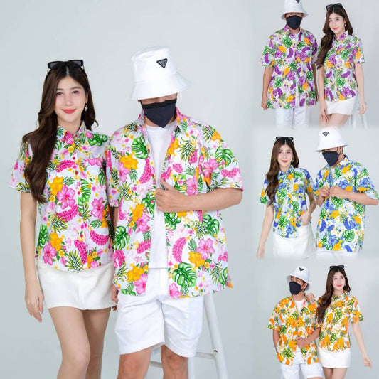 PINK028เสื้อเชิ้ตลายดอก ผ้าคอตตอน100% สีไม่ตก ผ้าไม่หดทลายคมชัด มีไซส์หญิงชาย34-56นิ้ว งานป้ายKTIER**1ตัว
