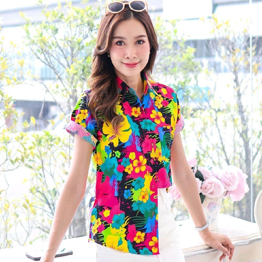 039เสื้อเชิ้ตลายดอก ผ้าคอตตอน100% สีไม่ตก ผ้าไม่หด ลายคมชัด มีไซส์หญิงชาย งานป้ายKTIERออกแบบเอง*1ตัว*