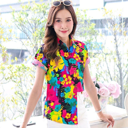 039เสื้อเชิ้ตลายดอก ผ้าคอตตอน100% สีไม่ตก ผ้าไม่หด ลายคมชัด มีไซส์หญิงชาย งานป้ายKTIERออกแบบเอง*1ตัว*