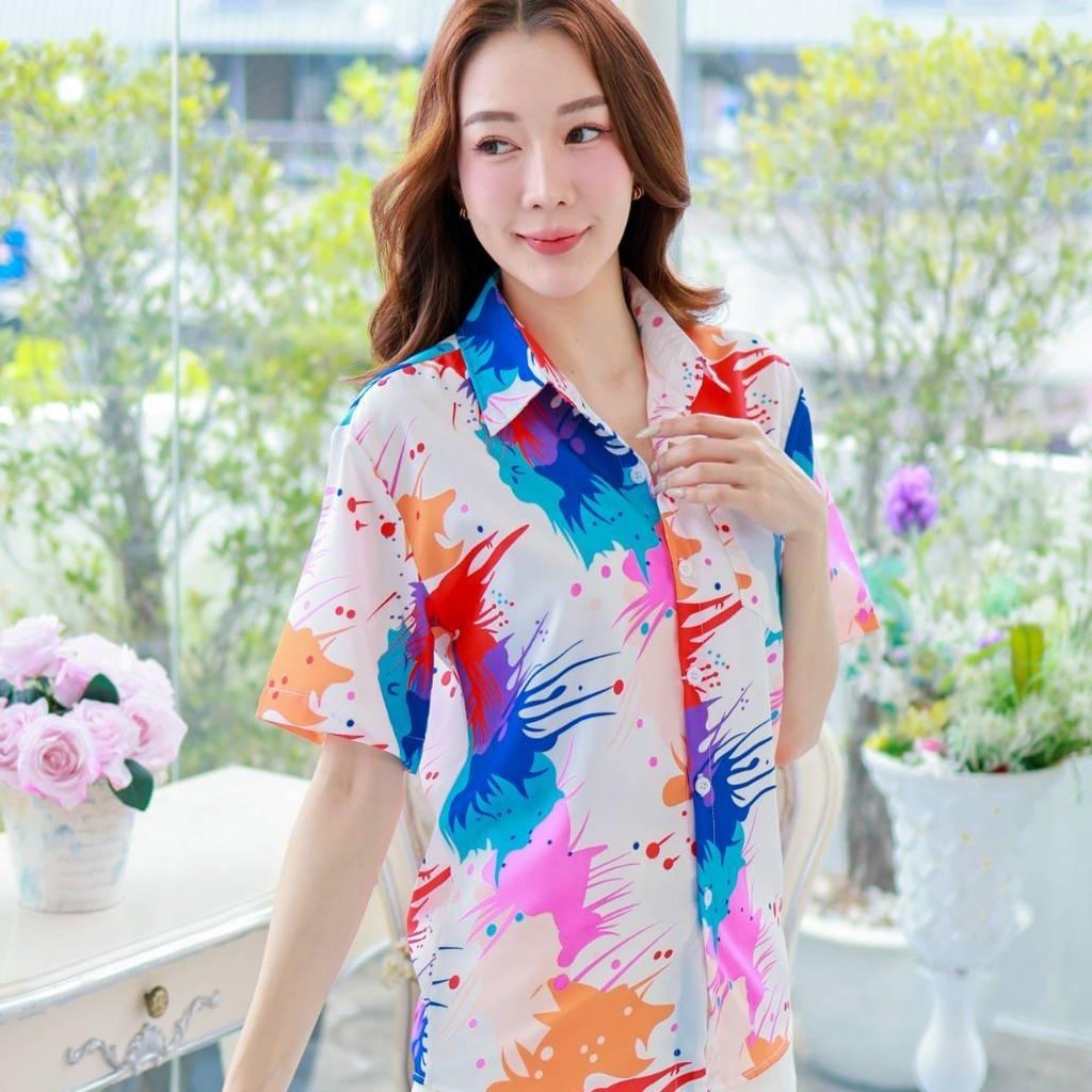 PINK3138เสื้อฮาวายสาดสี สีสันสดใส ไซส์S-8XL ผ้าโพลีพลีเมี่ยม ทรงวัยรุ่น หญิงชายใส่ได้ ลายคมชัด **1ตัว**