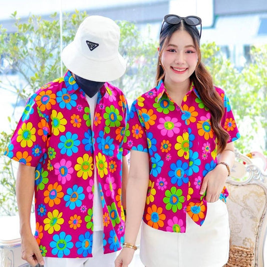 PINK036เสื้อเชิ้ตลายยิ้ม  ผ้าคอตตอน100% สีไม่ตก ผ้าไม่หด ลายคมชัด มีไซส์หญิงชาย งานป้ายKTIERออกแบบเอง*1ตัว*