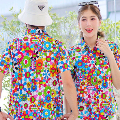 PINK034เสื้อเชิ้ตลายยิ้ม ผ้าคอตตอน100% สีไม่ตก ผ้าไม่หด ลายคมชัด มีไซส์หญิงชาย งานป้ายKTIERออกแบบเอง*1ตัว*