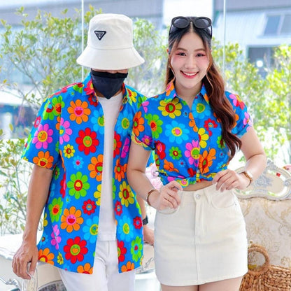 PINK036เสื้อเชิ้ตลายยิ้ม  ผ้าคอตตอน100% สีไม่ตก ผ้าไม่หด ลายคมชัด มีไซส์หญิงชาย งานป้ายKTIERออกแบบเอง*1ตัว*