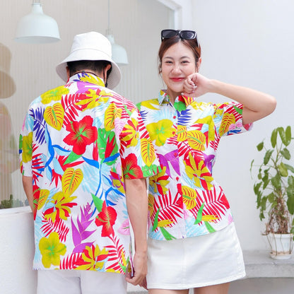 PINK033เสื้อเชิ้ตลายดอก ผ้าคอตตอน100% สีไม่ตก ผ้าไม่หด ลายคมชัด มีไซส์หญิงชาย งานป้ายKTIERออกแบบเอง*1ตัว*