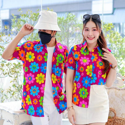 PINK036เสื้อเชิ้ตลายยิ้ม  ผ้าคอตตอน100% สีไม่ตก ผ้าไม่หด ลายคมชัด มีไซส์หญิงชาย งานป้ายKTIERออกแบบเอง*1ตัว*