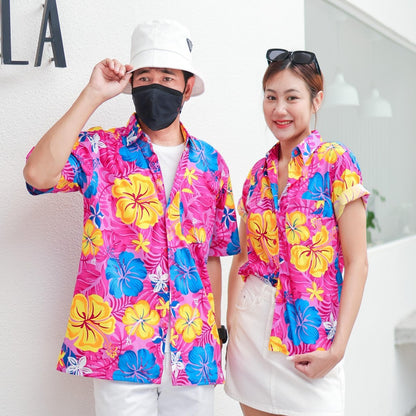 PINK029 เสื้อเชิ้ตลายดอก ผ้าคอตตอน100% สีไม่ตก ผ้าไม่หด ลายคมชัด มีไซส์หญิงชาย งานป้ายKTIERออกแบบเอง*1ตัว*