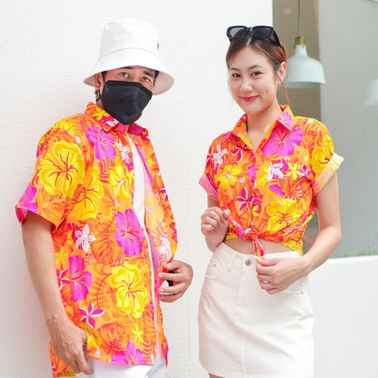 PINK029 เสื้อเชิ้ตลายดอก ผ้าคอตตอน100% สีไม่ตก ผ้าไม่หด ลายคมชัด มีไซส์หญิงชาย งานป้ายKTIERออกแบบเอง*1ตัว*