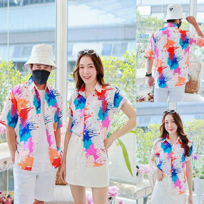 PINK3138เสื้อฮาวายสาดสี สีสันสดใส ไซส์S-8XL ผ้าโพลีพลีเมี่ยม ทรงวัยรุ่น หญิงชายใส่ได้ ลายคมชัด **1ตัว**