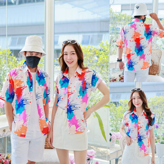 PINK3138เสื้อฮาวายสาดสี สีสันสดใส ไซส์S-8XL ผ้าโพลีพลีเมี่ยม ทรงวัยรุ่น หญิงชายใส่ได้ ลายคมชัด **1ตัว**