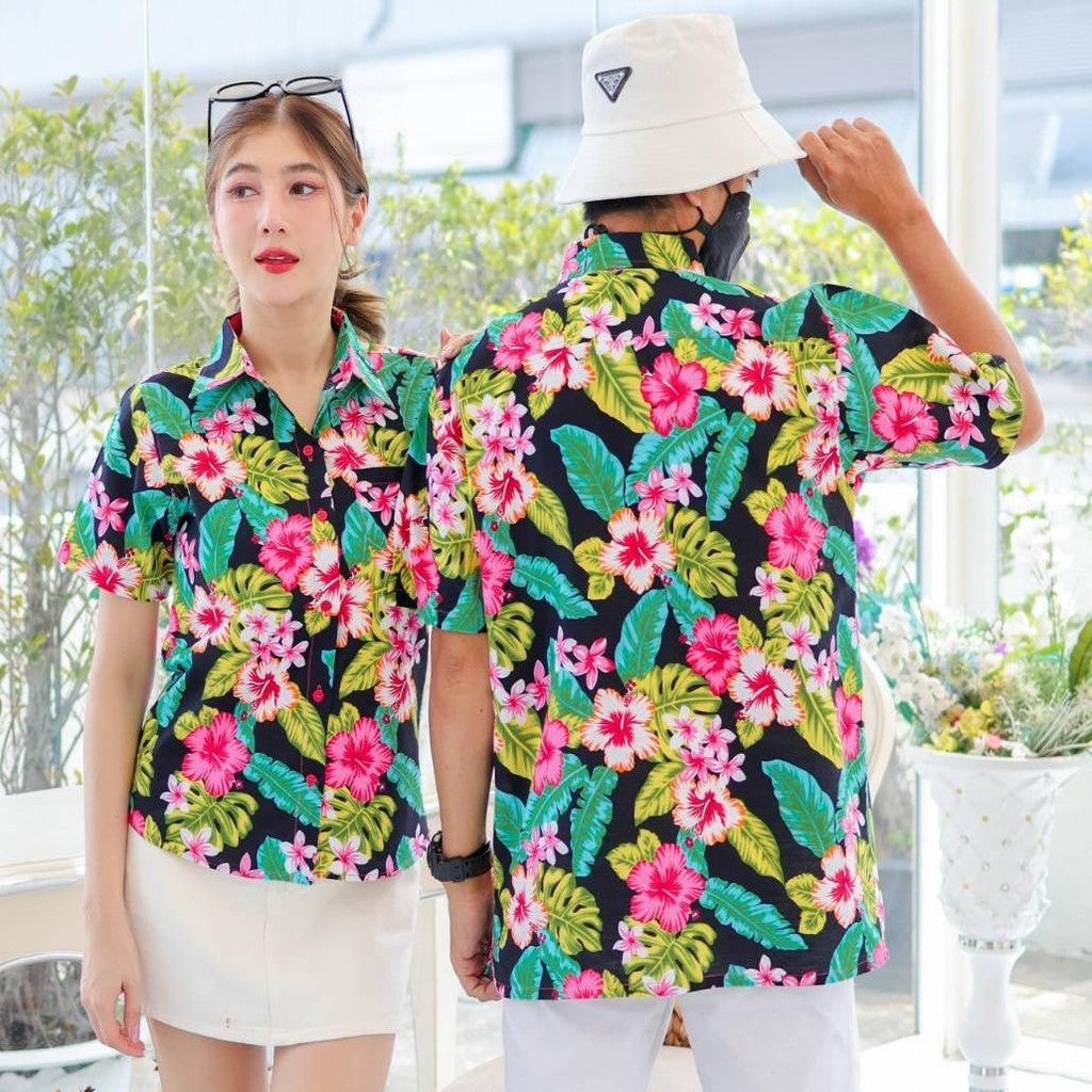 KING09 เสื้อเชิ้อสงกรานต์ลายดอก ผ้าคอตตอน100% สีไม่ตก ผ้าไม่หด ลายคมชัด มีไซส์หญิงชาย 34-56นิ้ว งานป้าย ออกแบบเอง*1ตัว*