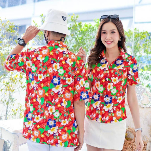 PINK001 เสื้อเชิ้ตสงกรานต์ลายดอก ผ้าคอตตอน100% สีไม่ตก ผ้าไม่หด ลายคมชัด มีไซส์หญิงชาย 34-56นิ้ว งานป้ายKTIER*1ตัว*