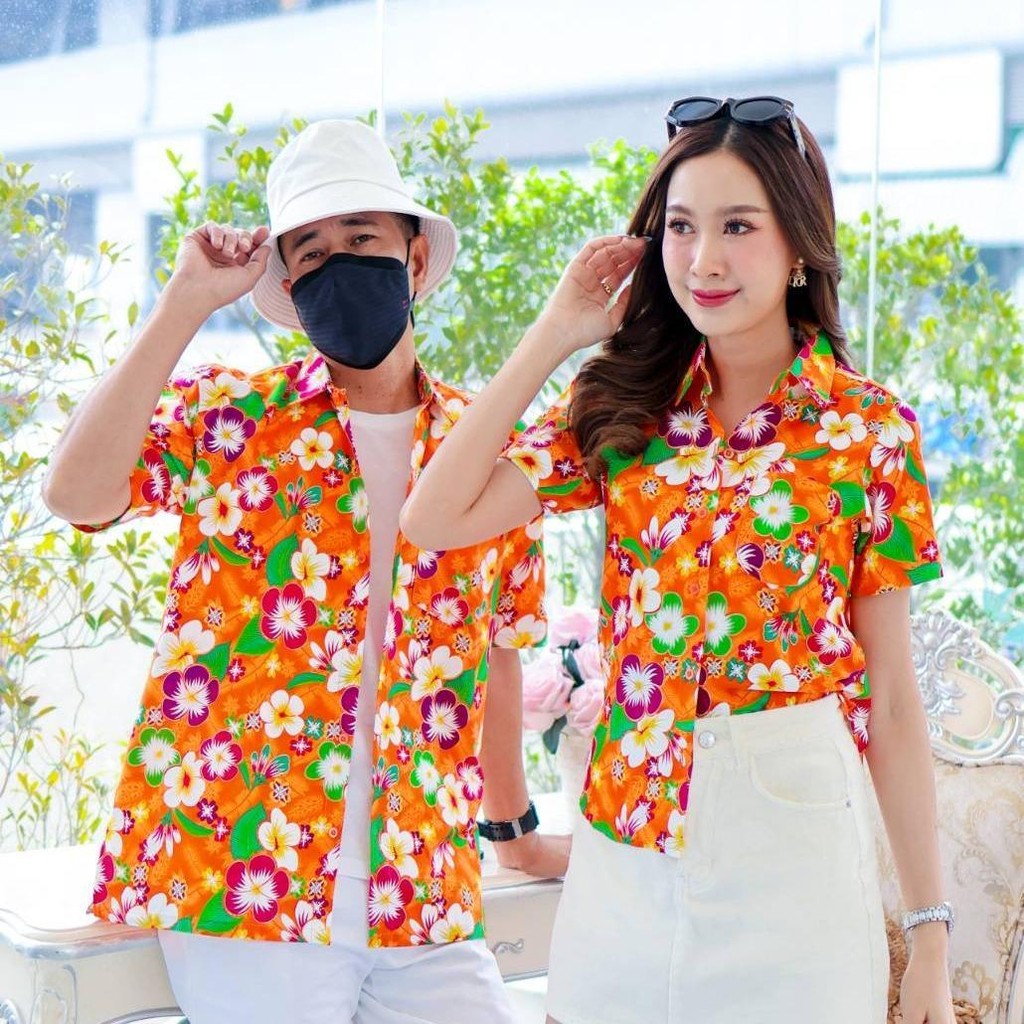 PINK001 เสื้อเชิ้ตสงกรานต์ลายดอก ผ้าคอตตอน100% สีไม่ตก ผ้าไม่หด ลายคมชัด มีไซส์หญิงชาย 34-56นิ้ว งานป้ายKTIER*1ตัว*