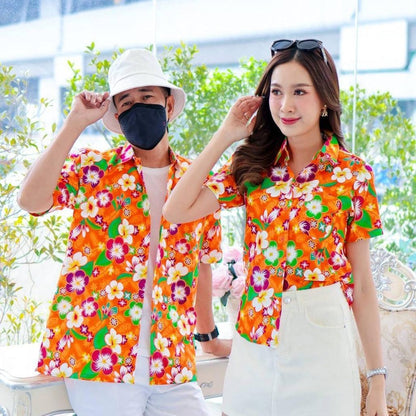 PINK001 เสื้อเชิ้ตสงกรานต์ลายดอก ผ้าคอตตอน100% สีไม่ตก ผ้าไม่หด ลายคมชัด มีไซส์หญิงชาย 34-56นิ้ว งานป้ายKTIER*1ตัว*