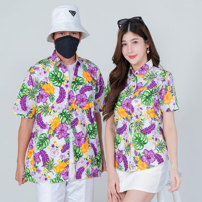 PINK028เสื้อเชิ้ตลายดอก ผ้าคอตตอน100% สีไม่ตก ผ้าไม่หดทลายคมชัด มีไซส์หญิงชาย34-56นิ้ว งานป้ายKTIER**1ตัว