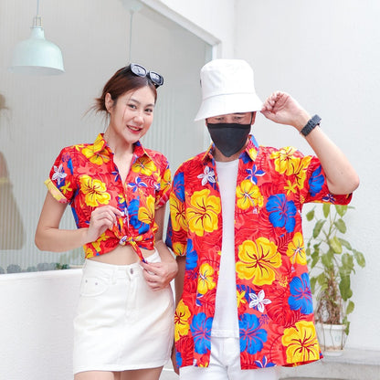 PINK029 เสื้อเชิ้ตลายดอก ผ้าคอตตอน100% สีไม่ตก ผ้าไม่หด ลายคมชัด มีไซส์หญิงชาย งานป้ายKTIERออกแบบเอง*1ตัว*